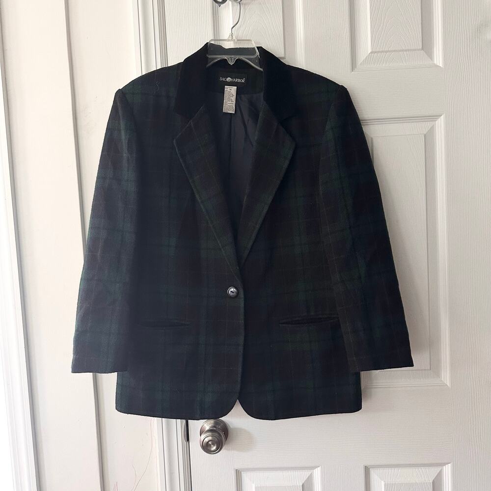 Sag Harbor Green Blue Tartan Wool Blend Single Button Black Collar Blazer 14 Vtg